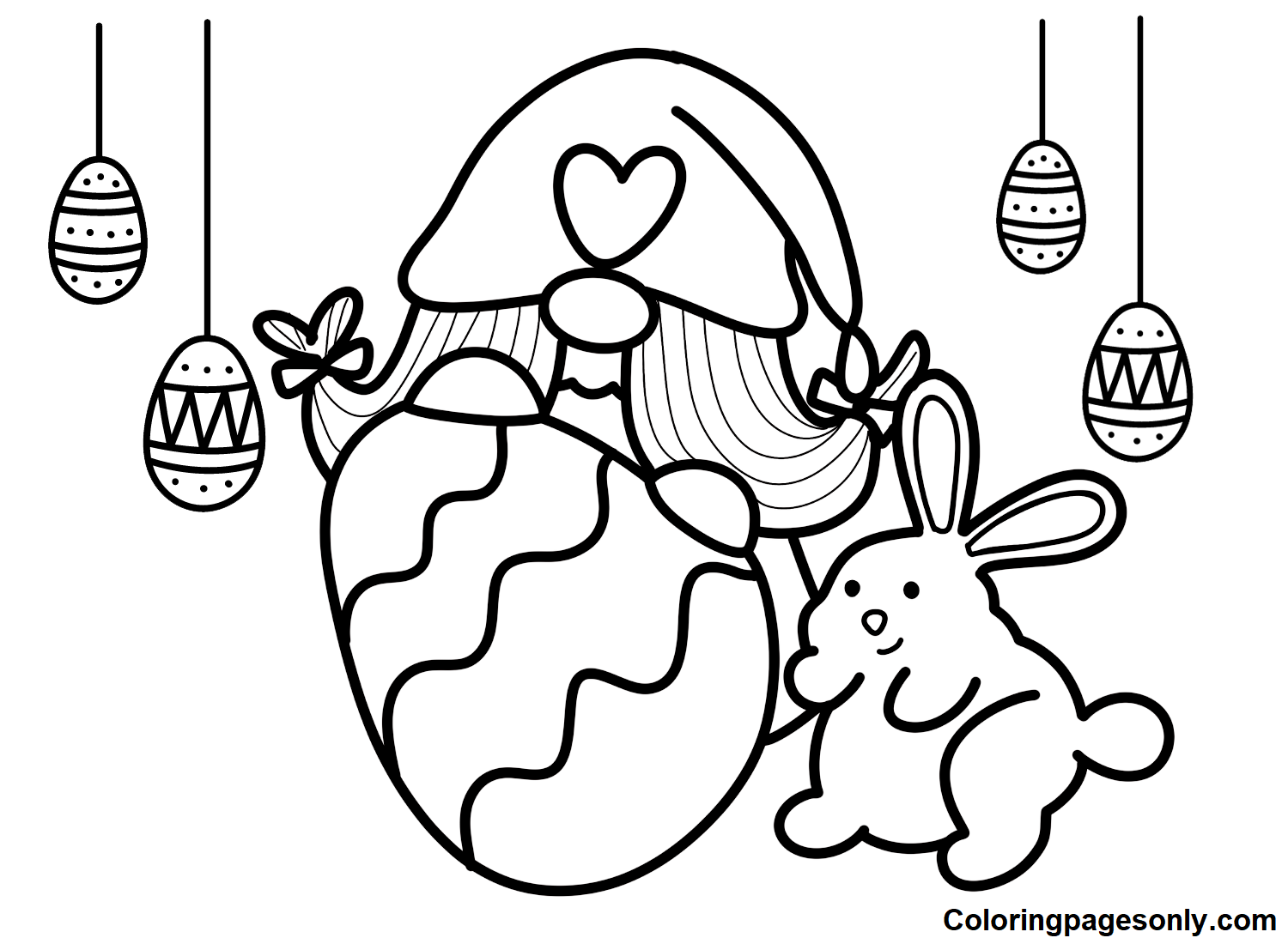 Gnome Easter with Easter Egg and Bunny Coloring Page