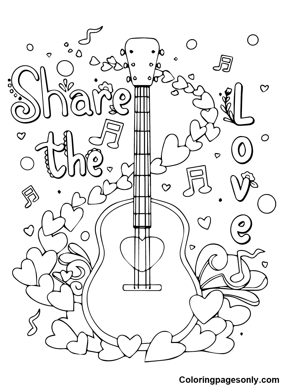 Guitar with Hearts Coloring Pages