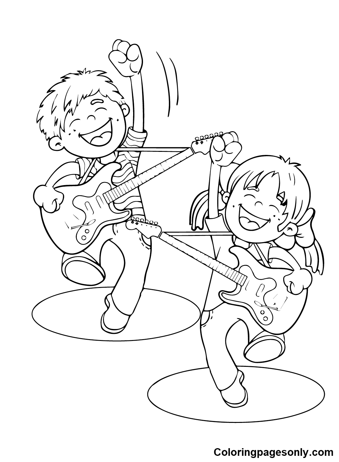 Happy Children with Guitar Coloring Pages