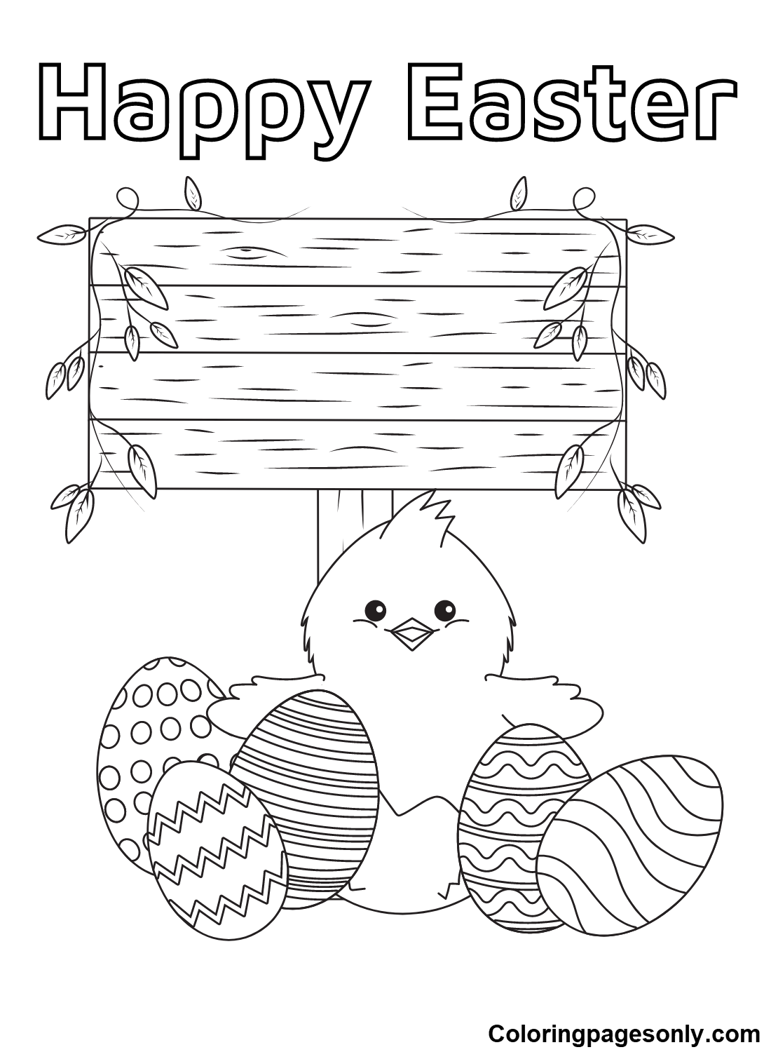 Happy Easter with Chick Coloring Page