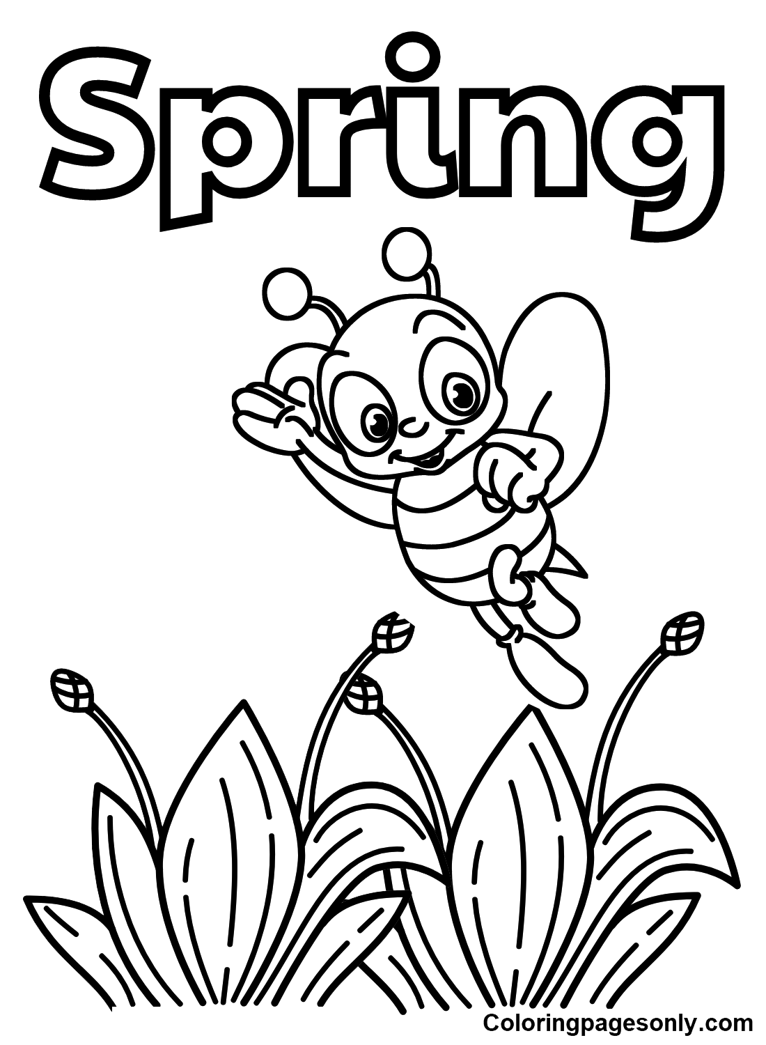 Happy Spring with Bee Coloring Page