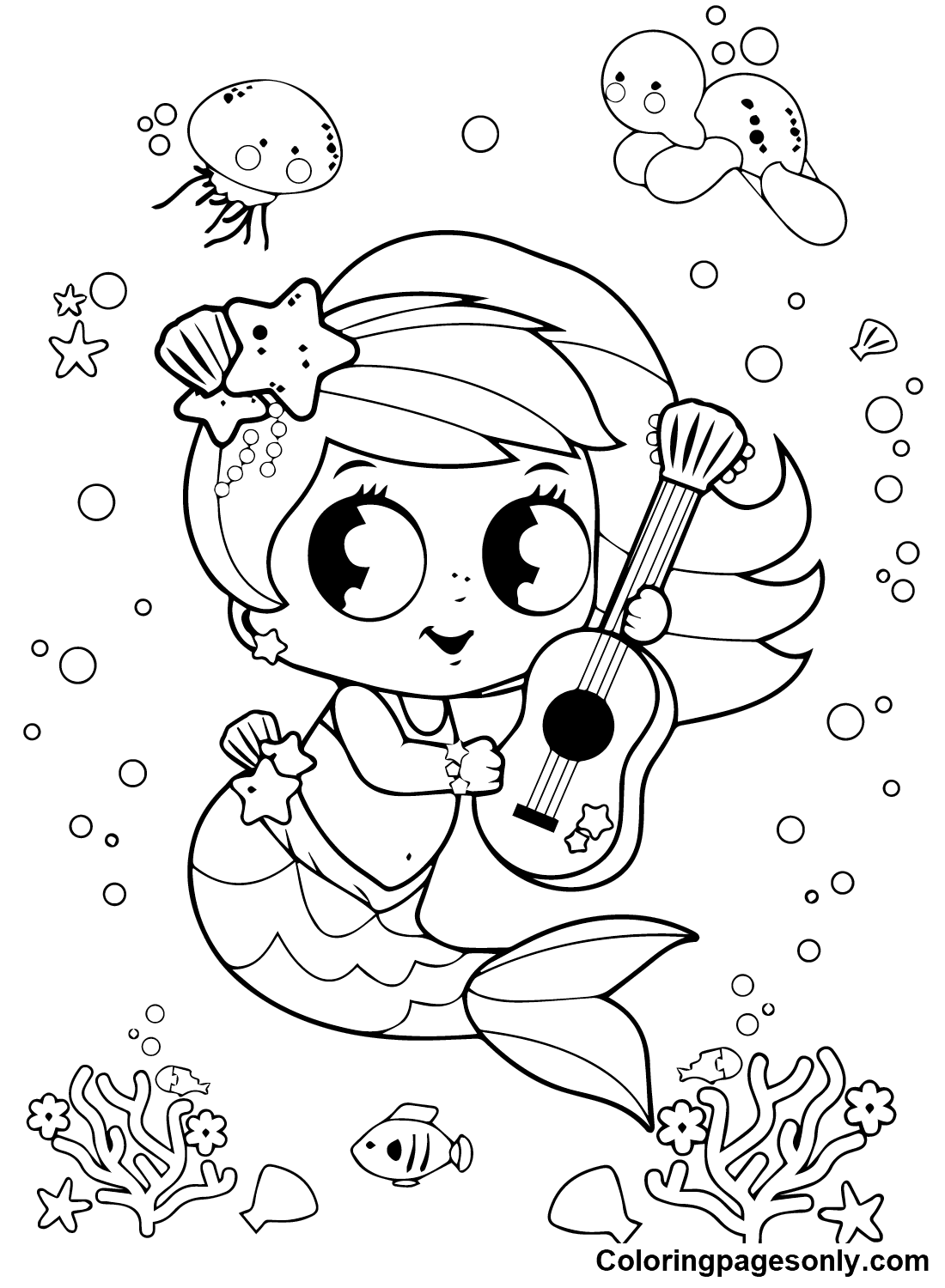 Mermaid with Guitar Coloring Pages