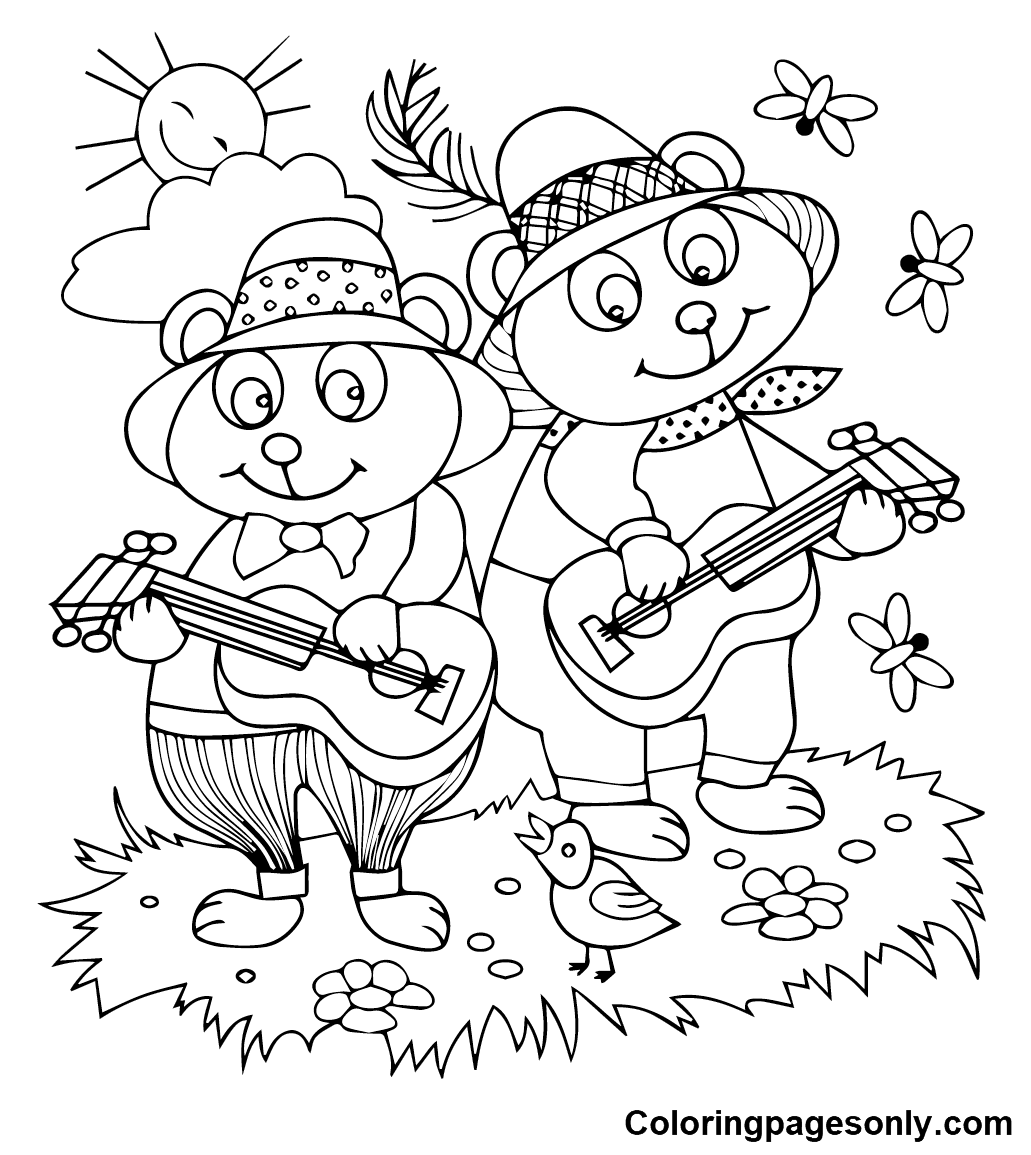 Two Bear with Guitar Coloring Page