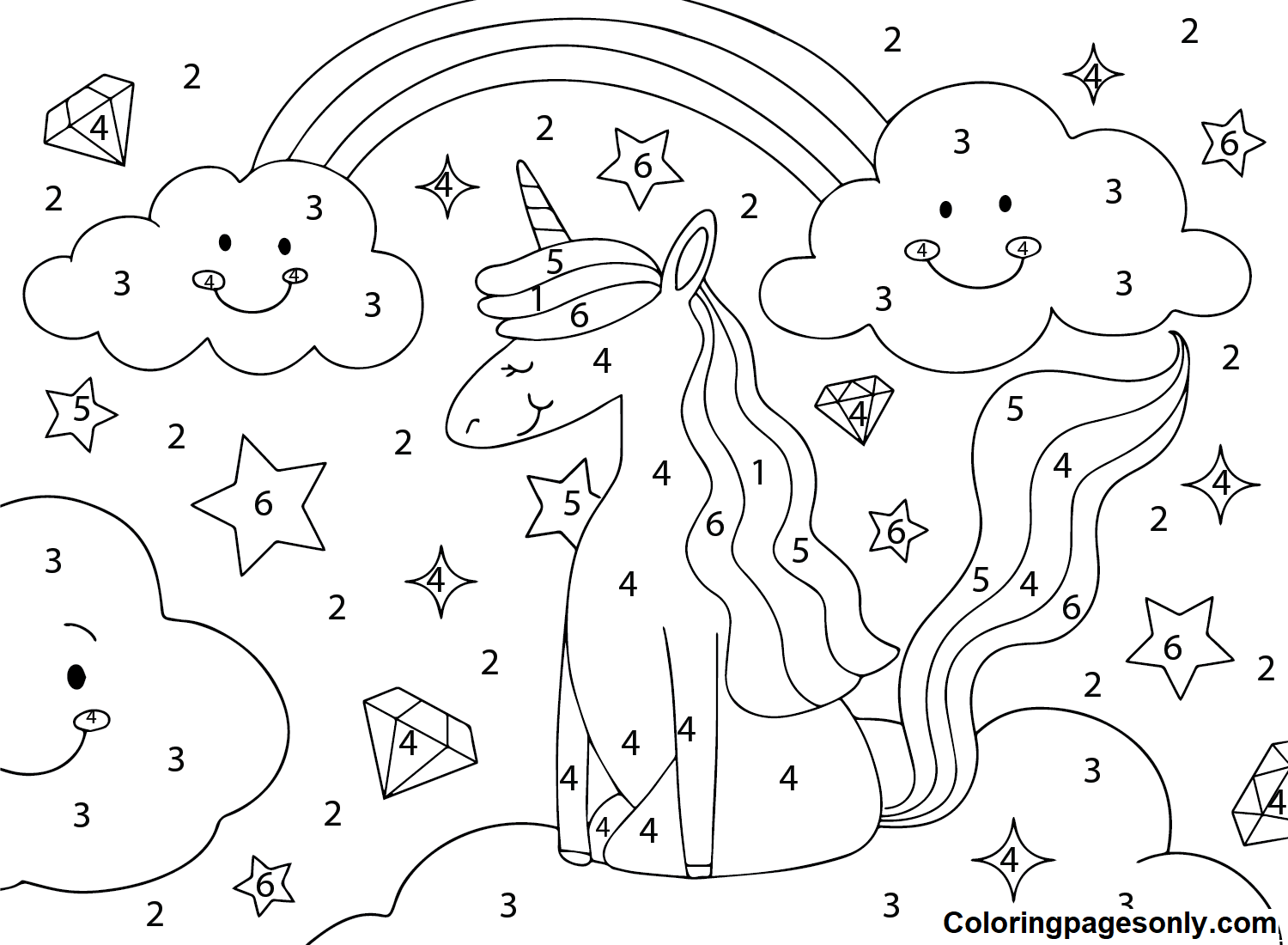 Unicorn Color By Number Easy Coloring Page