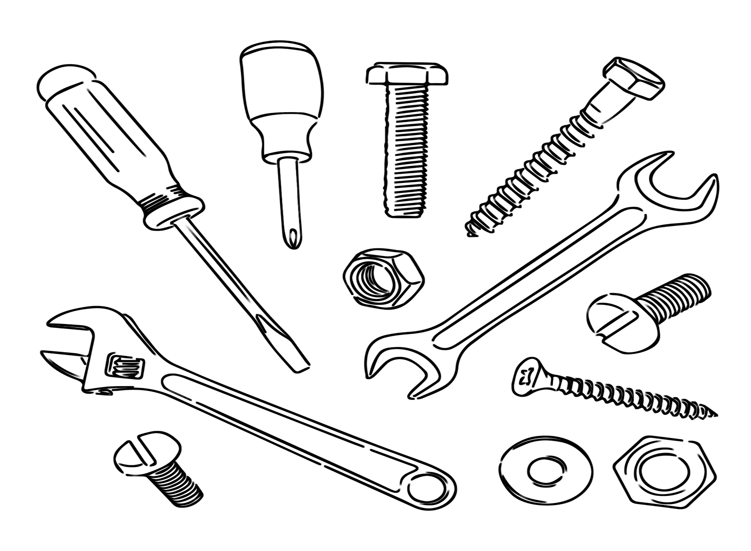 Wrench with Technical Tools Coloring Page