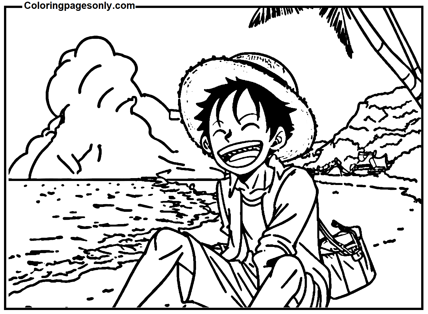 Luffy Sits On The Seashore And Laughs Coloring Page