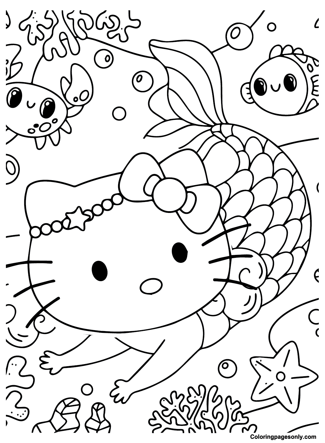Adorable Hello Kitty Mermaid Coloring Page