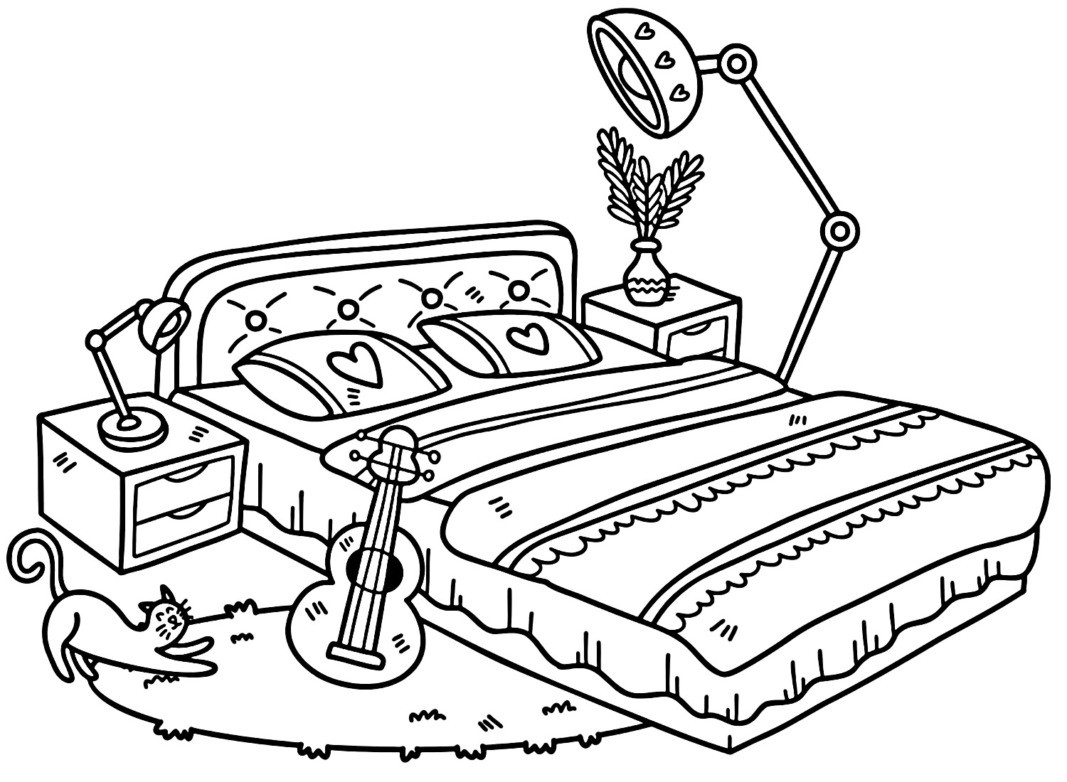 Bed with Lamp and Guitar Coloring Page