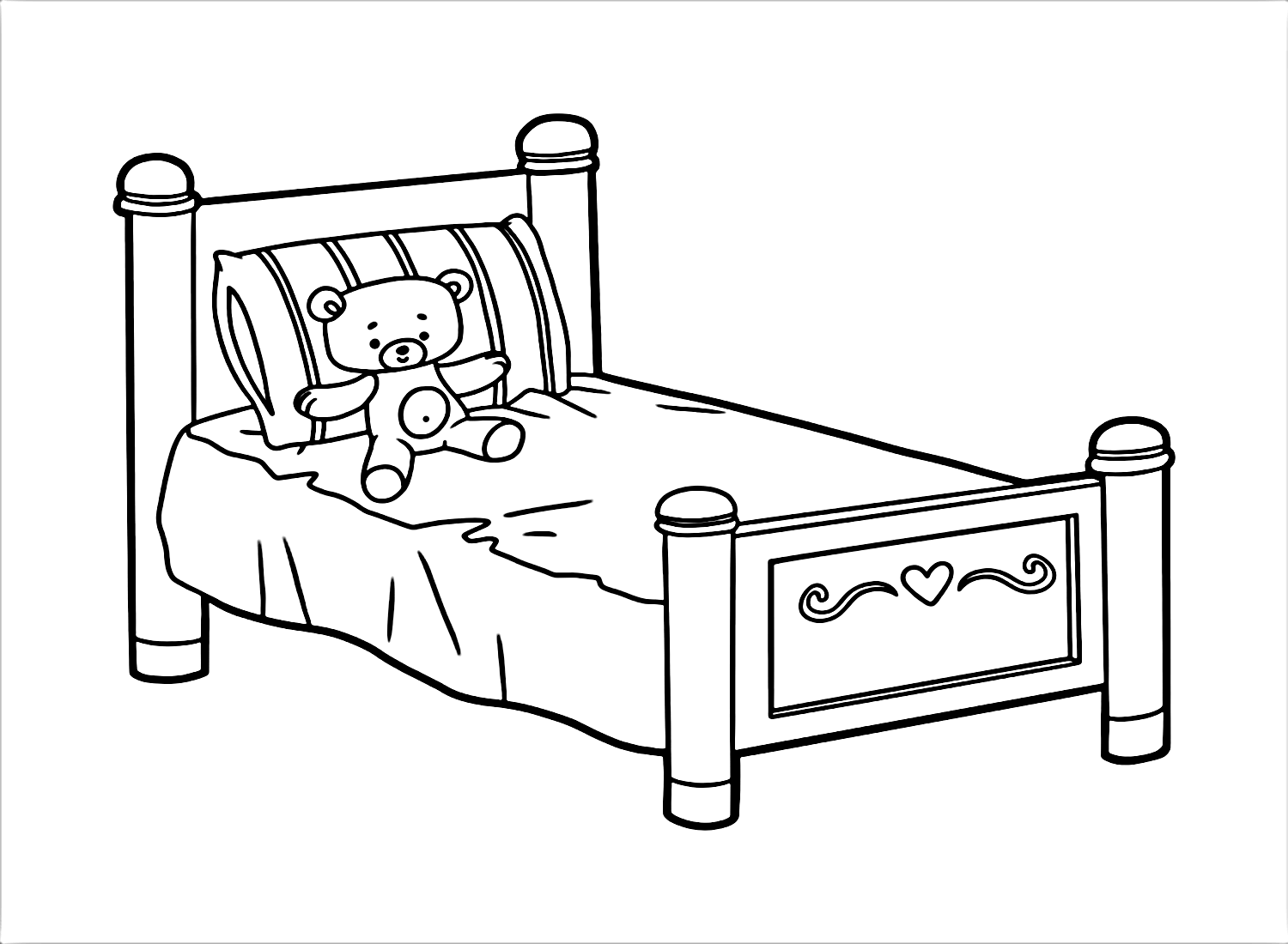 Desenho de cama com travesseiro e urso de brinquedo para colorir