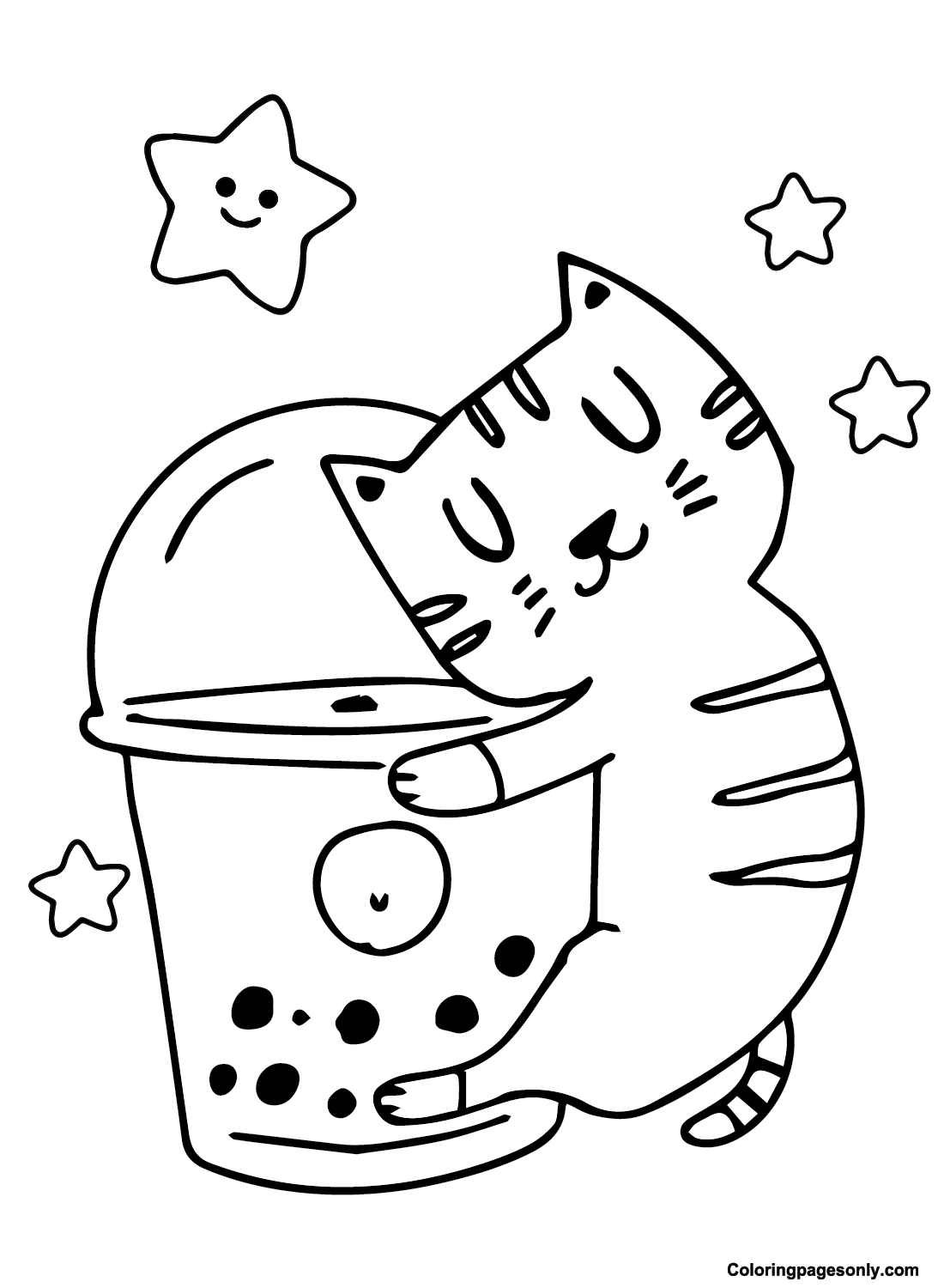 Cat Holding Boba Tea Coloring Pages