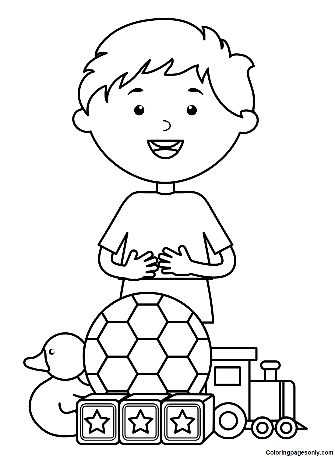 Cute Little Boy with Soccer Ball and Toys Coloring Page