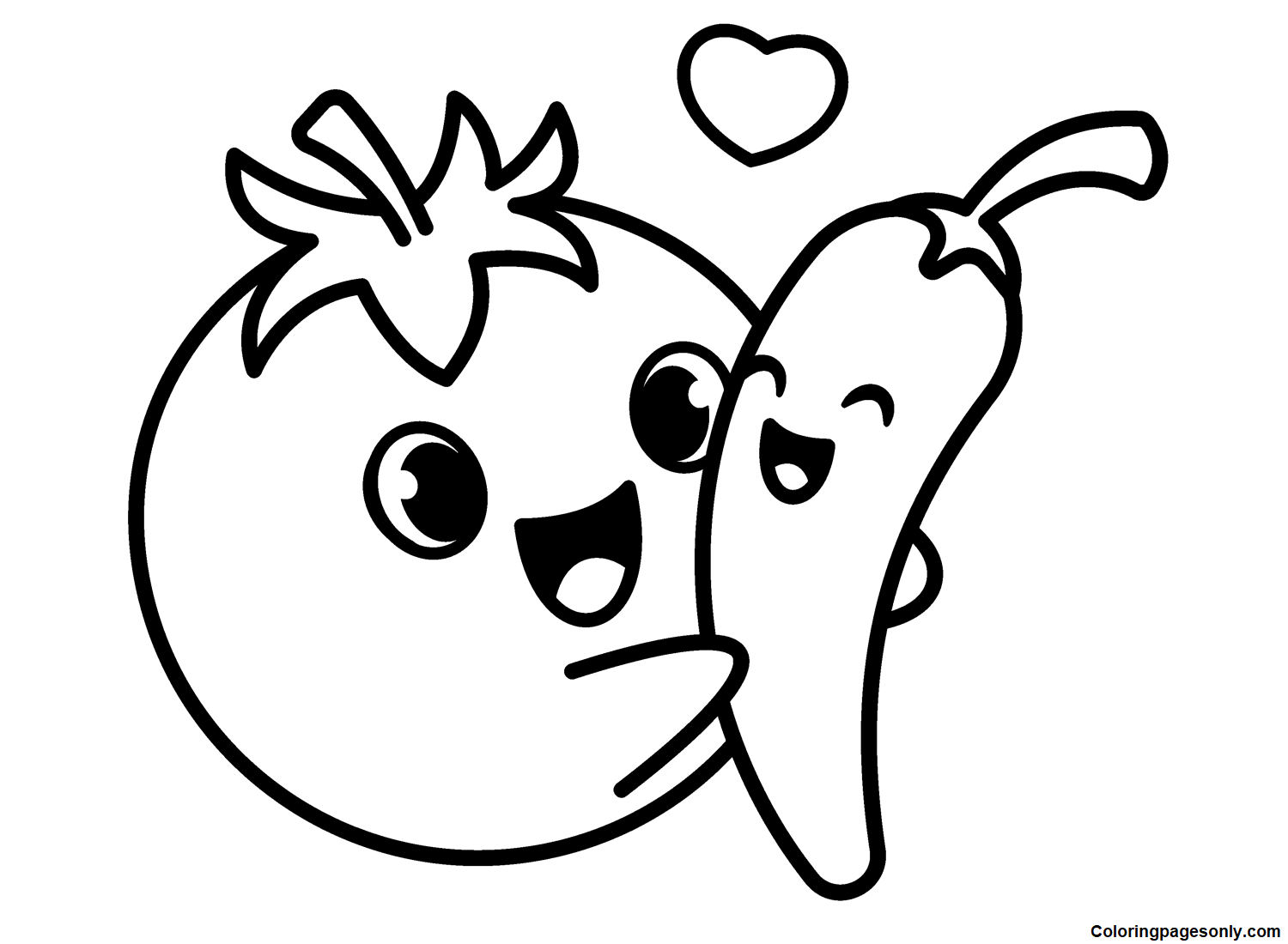 Cute Tomato hug Chili Couple Cartoon Coloring Page