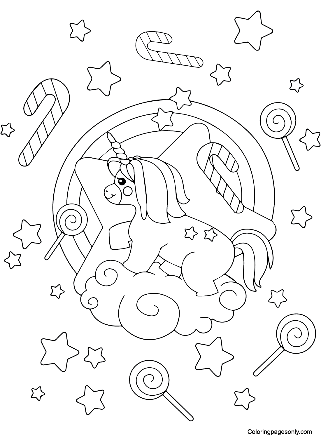 Cute Unicorn in Candyland Coloring Page