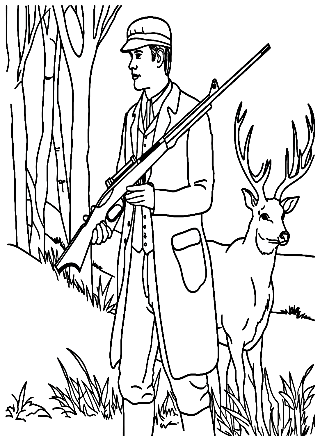 Hunter with Deer Coloring Page