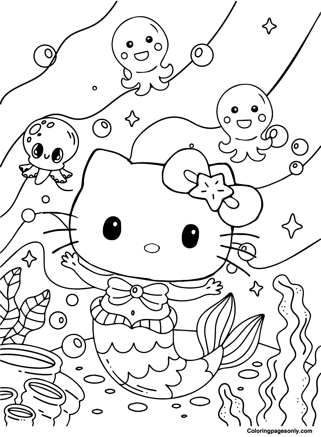 Lovely Hello Kitty Mermaid Coloring Page
