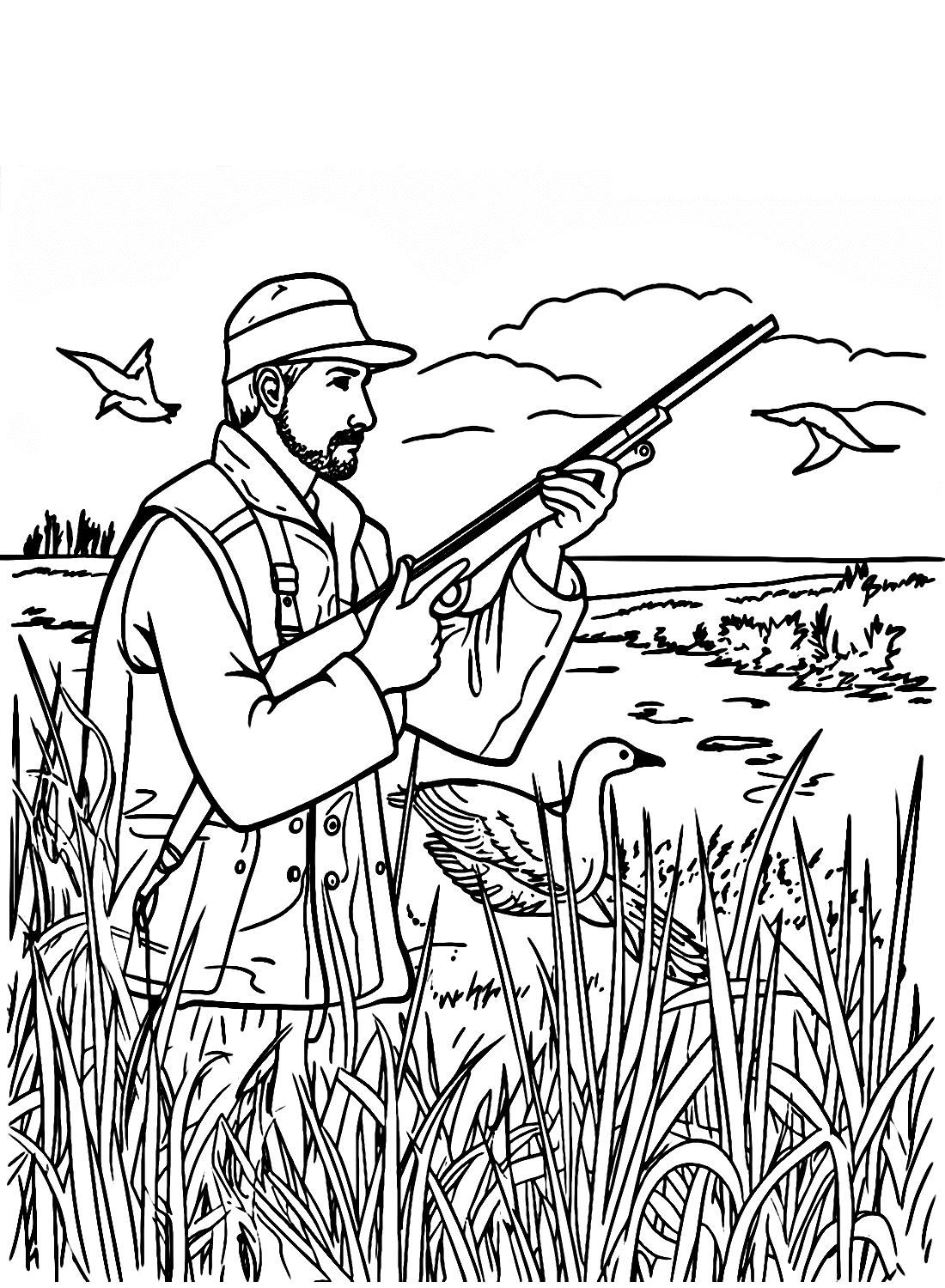 Man Hunting Ducks in the Field Coloring Page