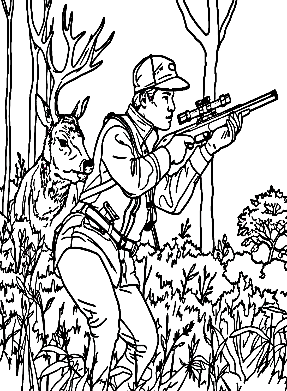 Раскраска Мужчина с ружьем охотится на оленя