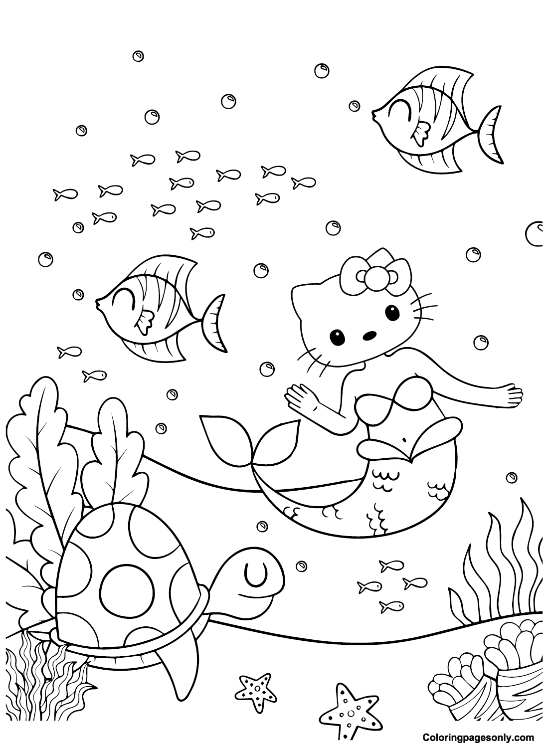 Printable Hello Kitty Mermaid Coloring Page