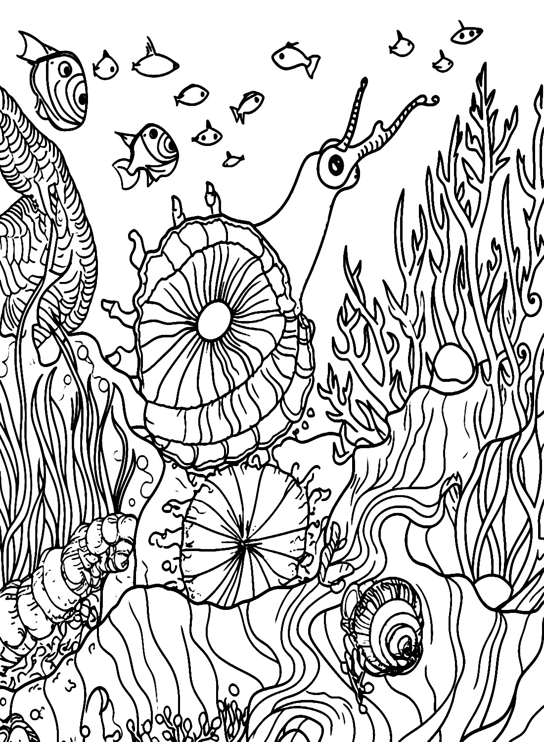 Sea snail swimming among coral reefs Coloring Page