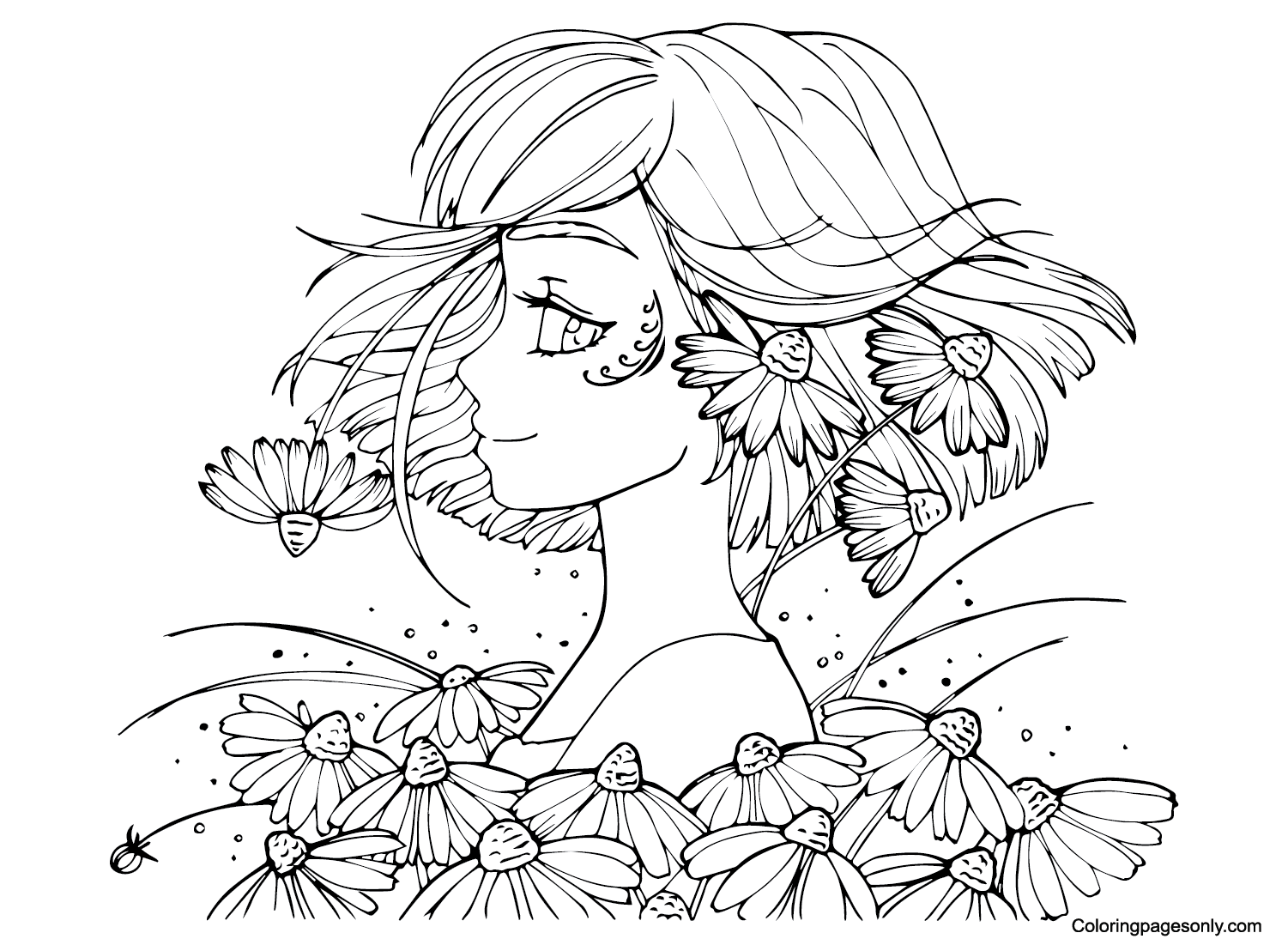 Teenage Girl with Flowers Coloring Page