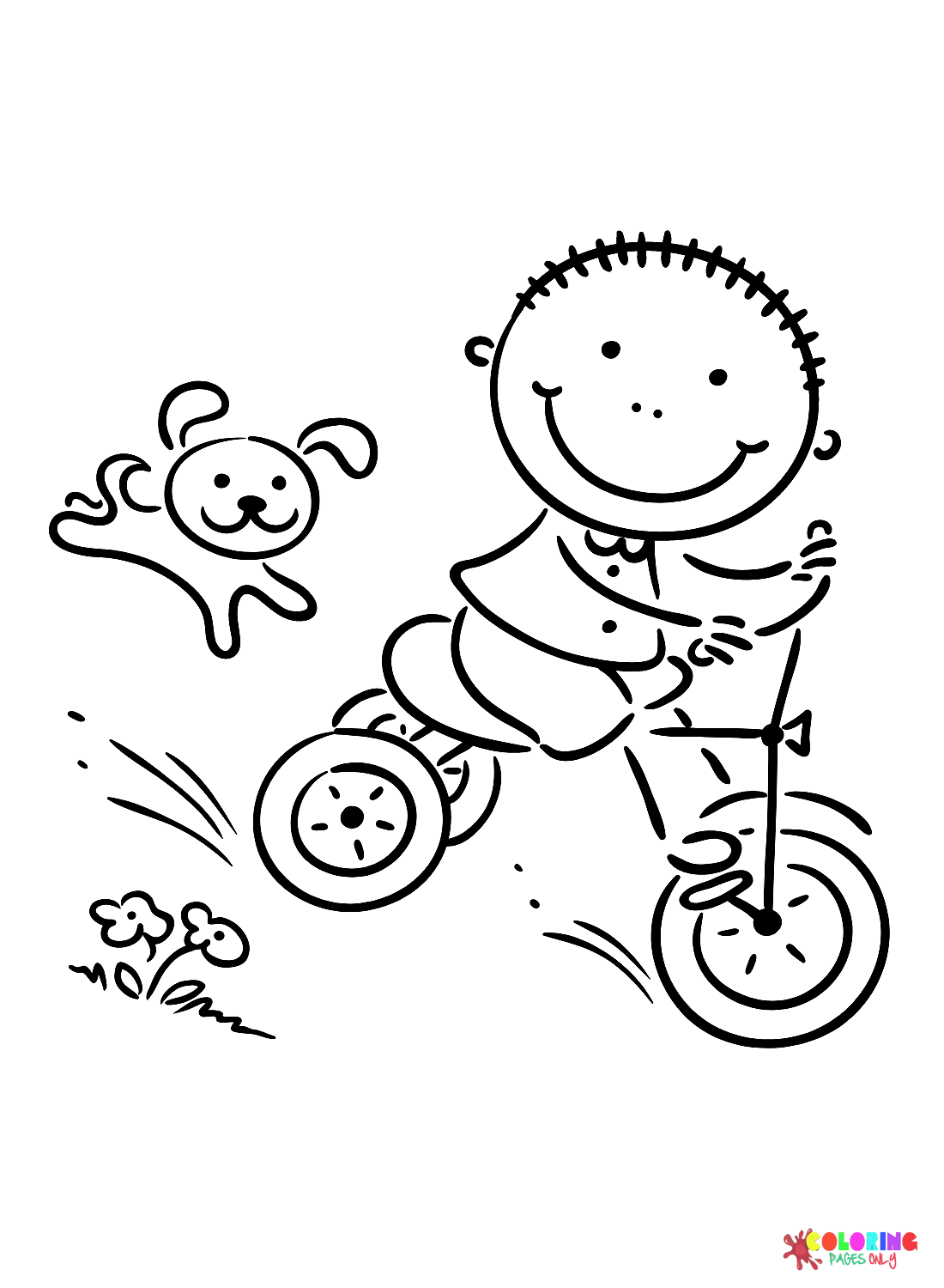 Boy with Tricycle and Dog Coloring Page