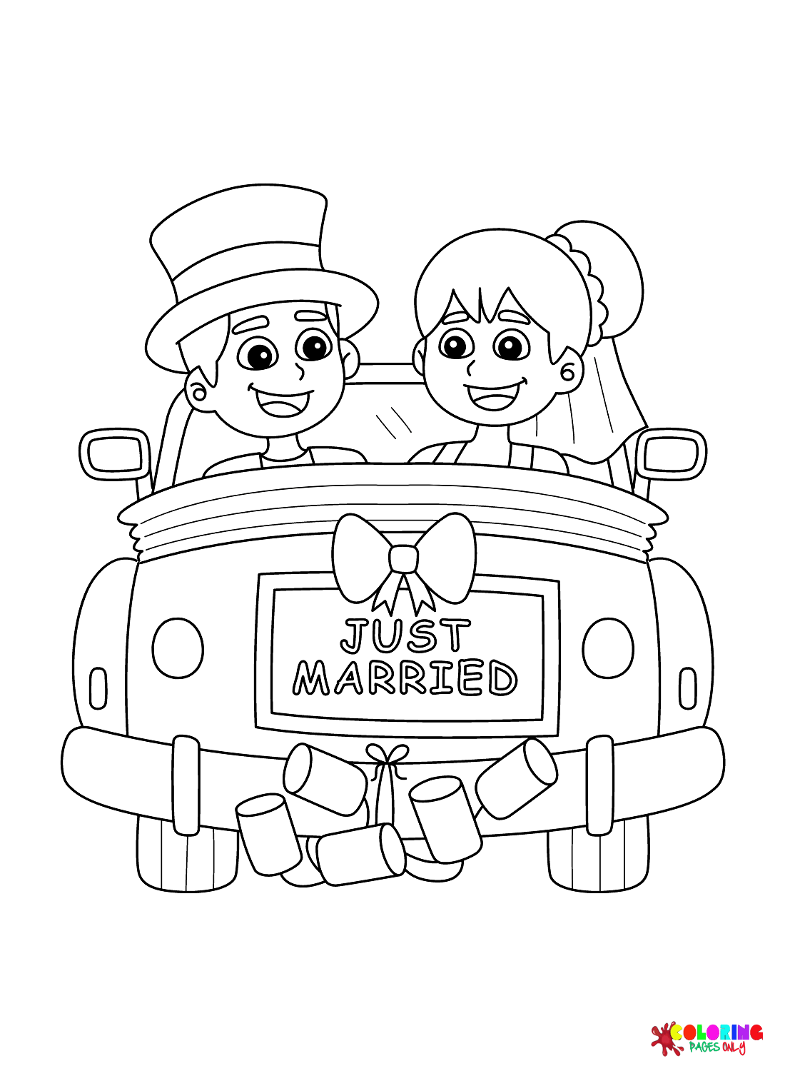 Bruid en bruidegom met auto kleurplaat