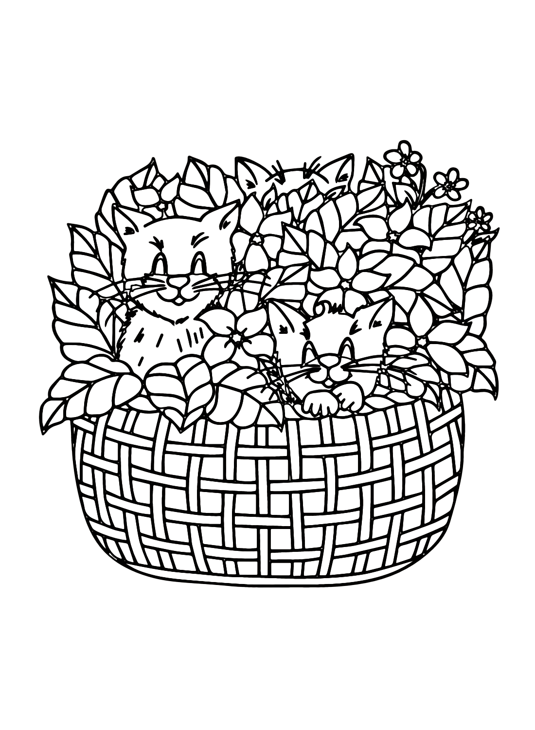 Cat in Basket Flowers Coloring Page
