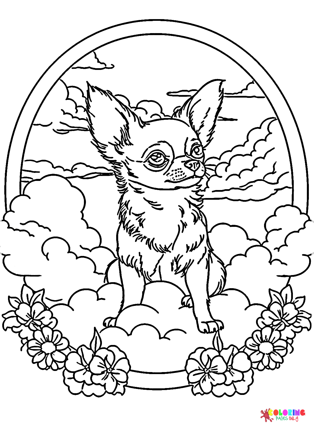 Chihuahua with Flowers and Clouds Coloring Page - Free Printable ...