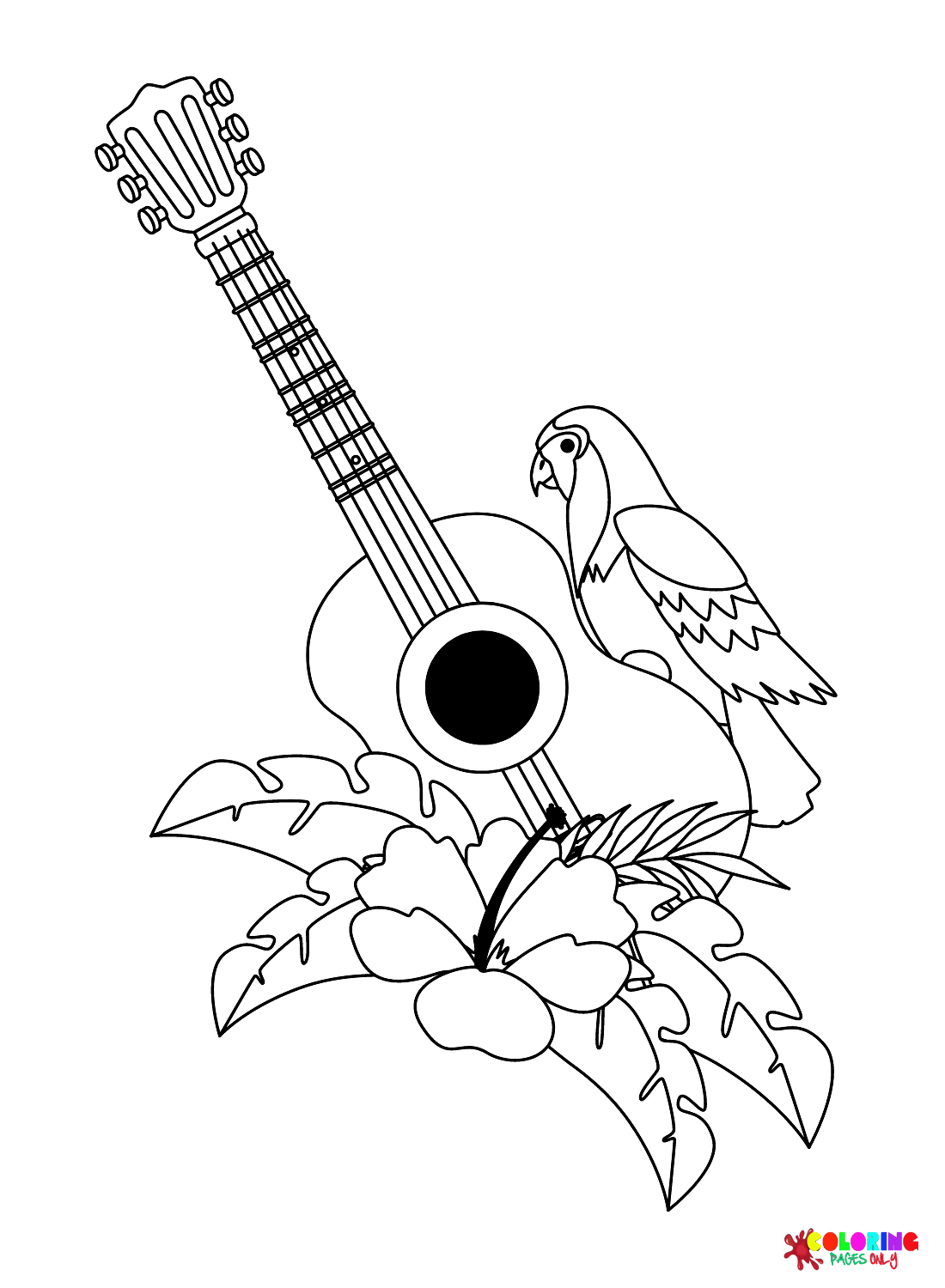 Cockatoo Bird with Flowers and Guitar Coloring Pages