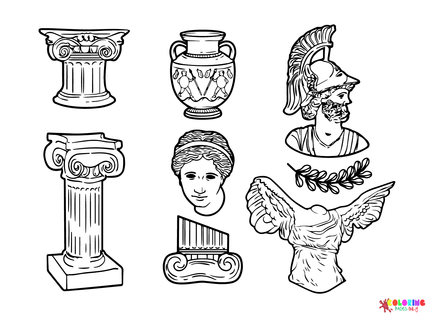Kostenlose Vektor-Malseite mit handgezeichneter griechischer Statuen-Sammlung