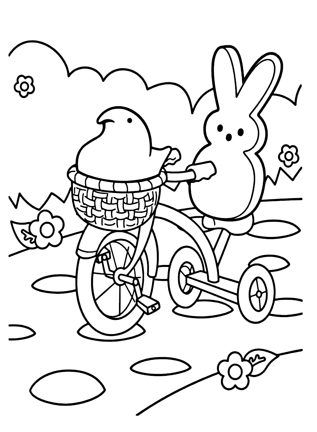 Rabbit and Chick Peeps Cycling Coloring Page