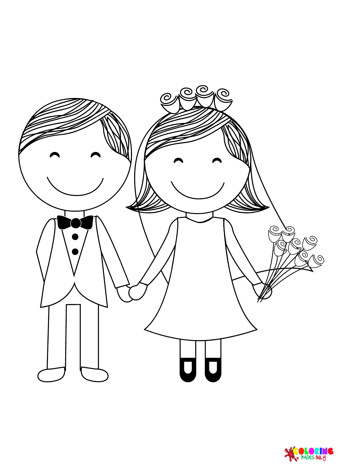 Lachende bruid en bruidegom kleurplaat