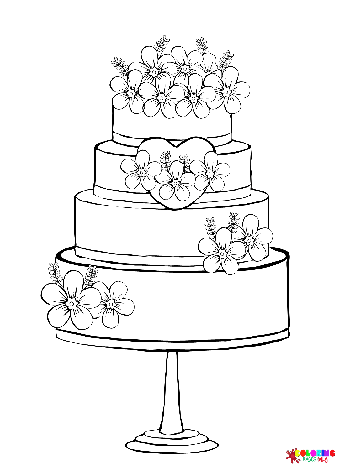 Раскраска сладкий свадебный торт с цветами