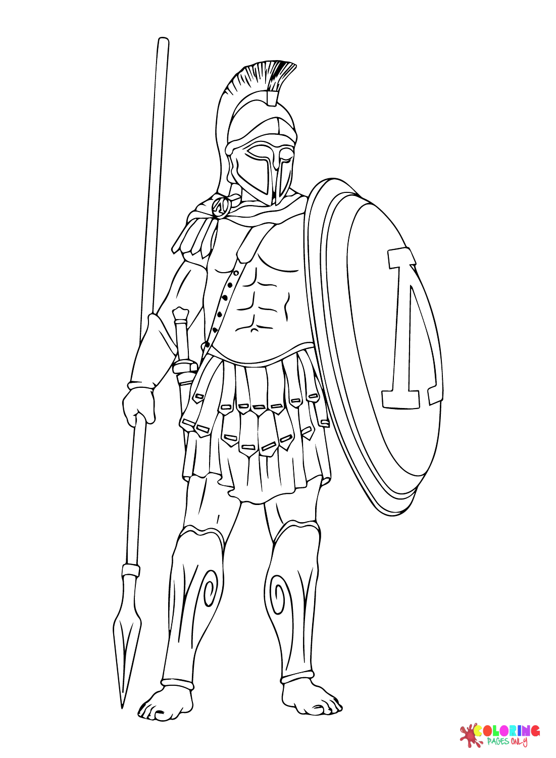 Vektor-Malvorlage eines antiken griechischen Kriegers mit Speeren und Schilden in den Händen