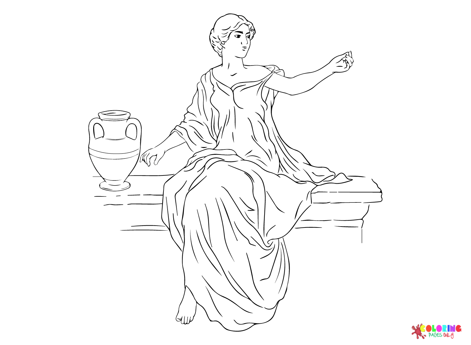 Векторная древнегреческая женщина сидит на стуле возле кувшина вина, раскраски страницы