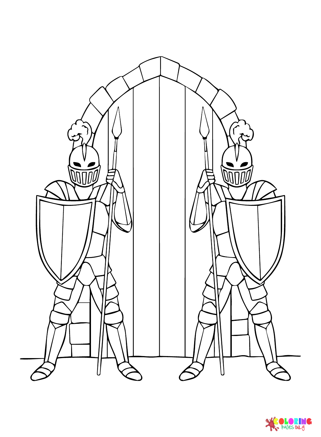 Vector ridder bewaakt een poort kleurplaat
