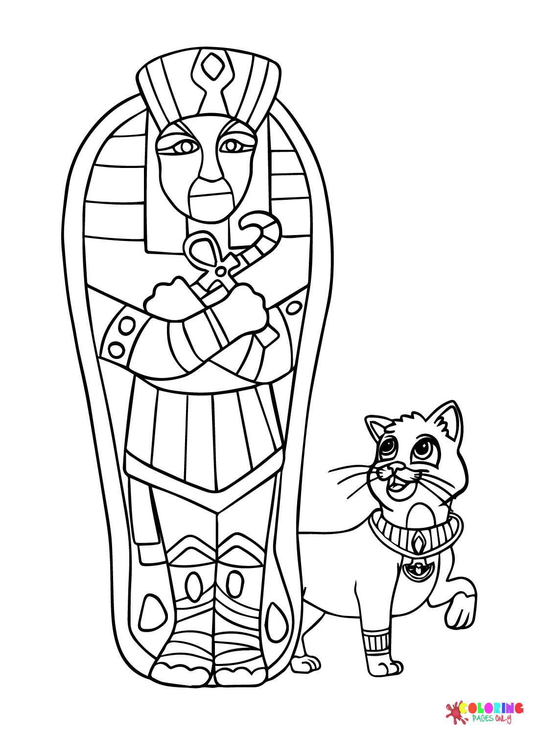 Vector Template Egypt Cat and Sarcophagus Coloring Page