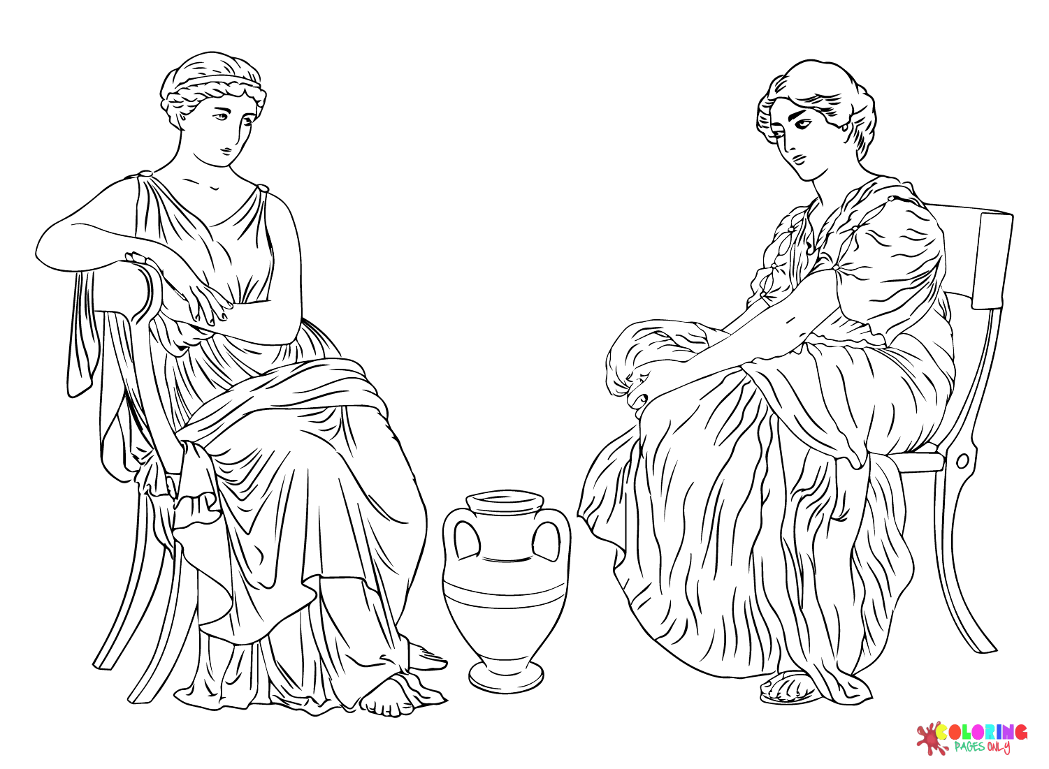 Вектор Две древнегреческие женщины сидят на стуле из Древнего Рима и Римской империи