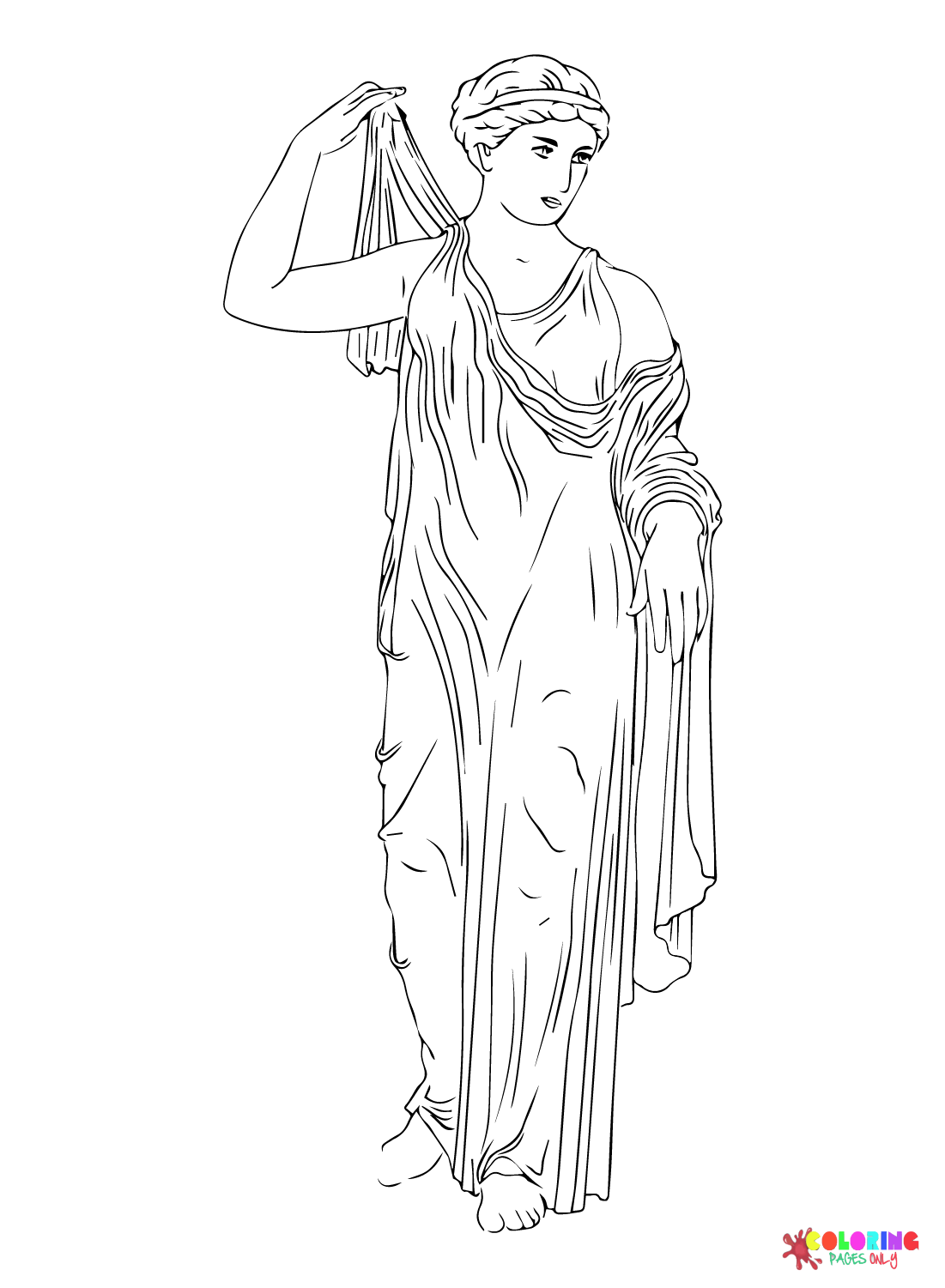 Vector an Ancient Greek Woman Stands and Puts on a Dress Coloring Page