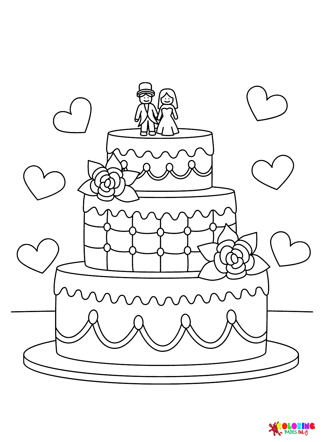 Wedding Cake with Bride and Groom Coloring Page