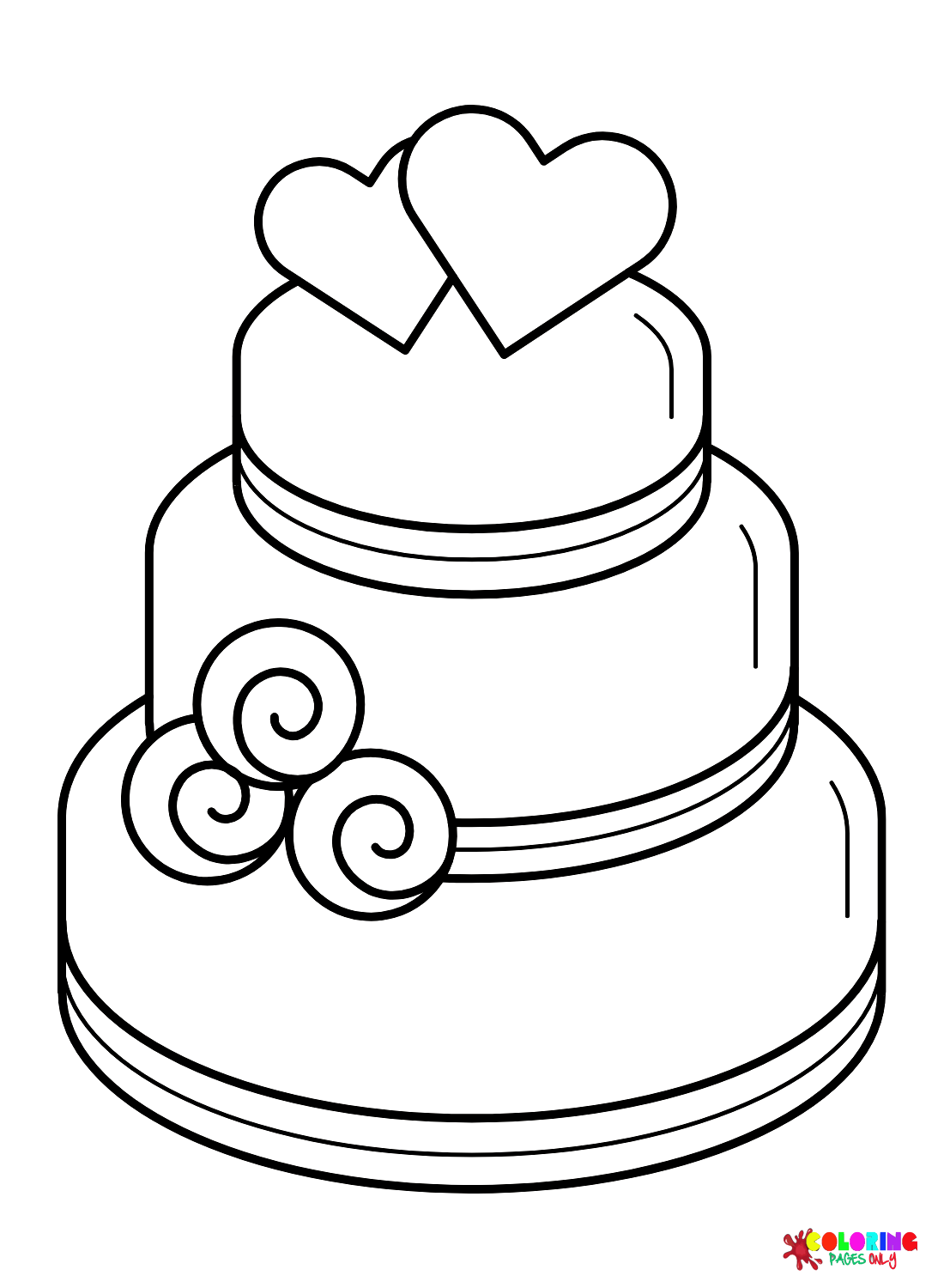 Wedding Cake with Flowers and Hearts Coloring Page