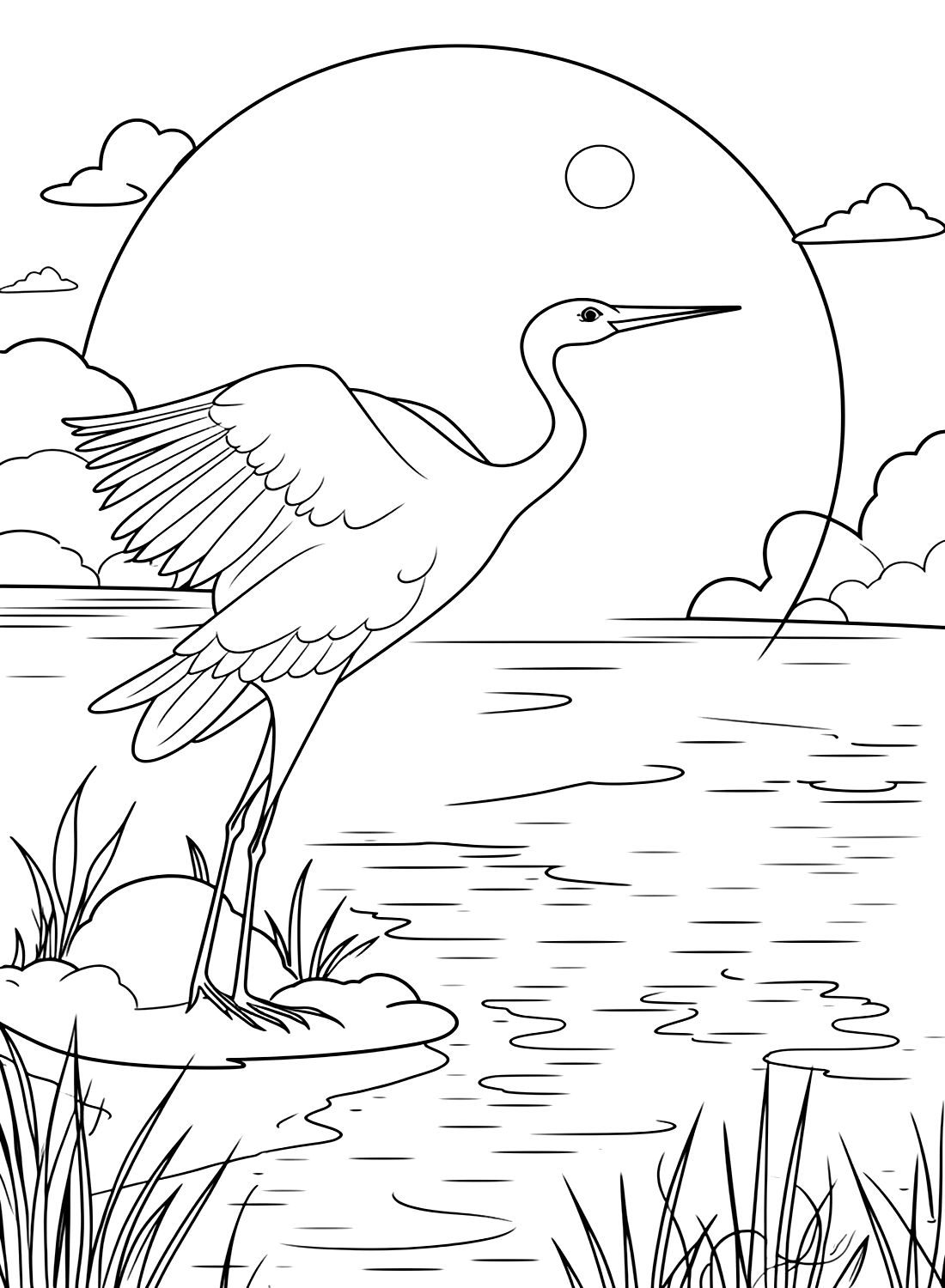 A Crane Bird under the Moon Coloring Page - Free Printable Coloring Pages