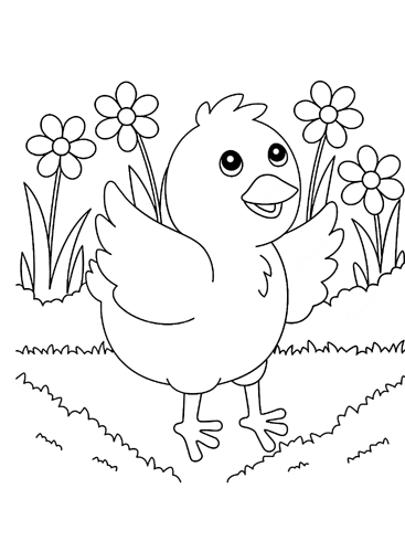 A chick and flowers
