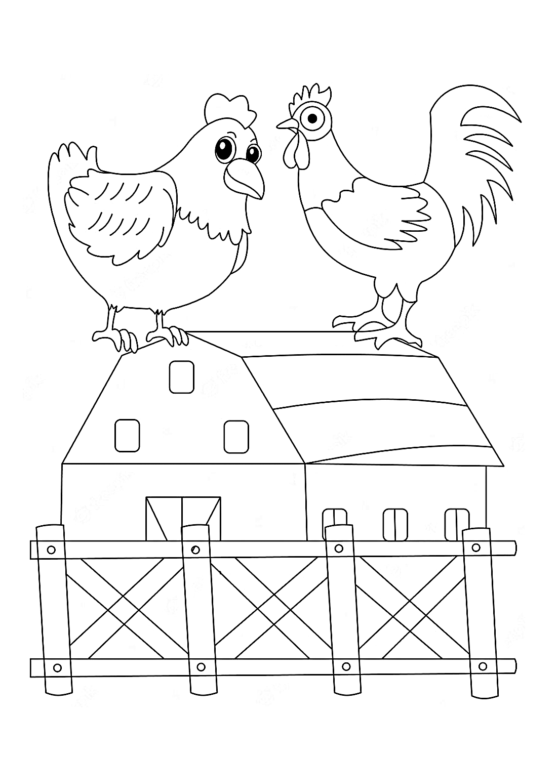 A hen and a rooster Coloring Pages