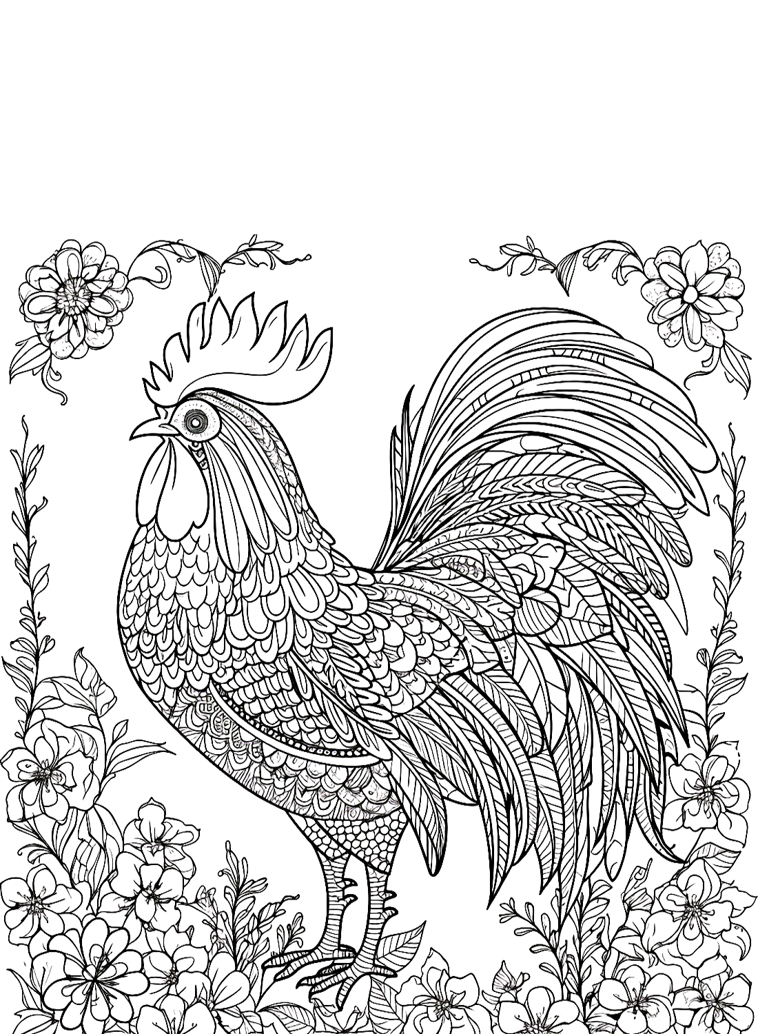 A rooster and the garden Coloring Pages