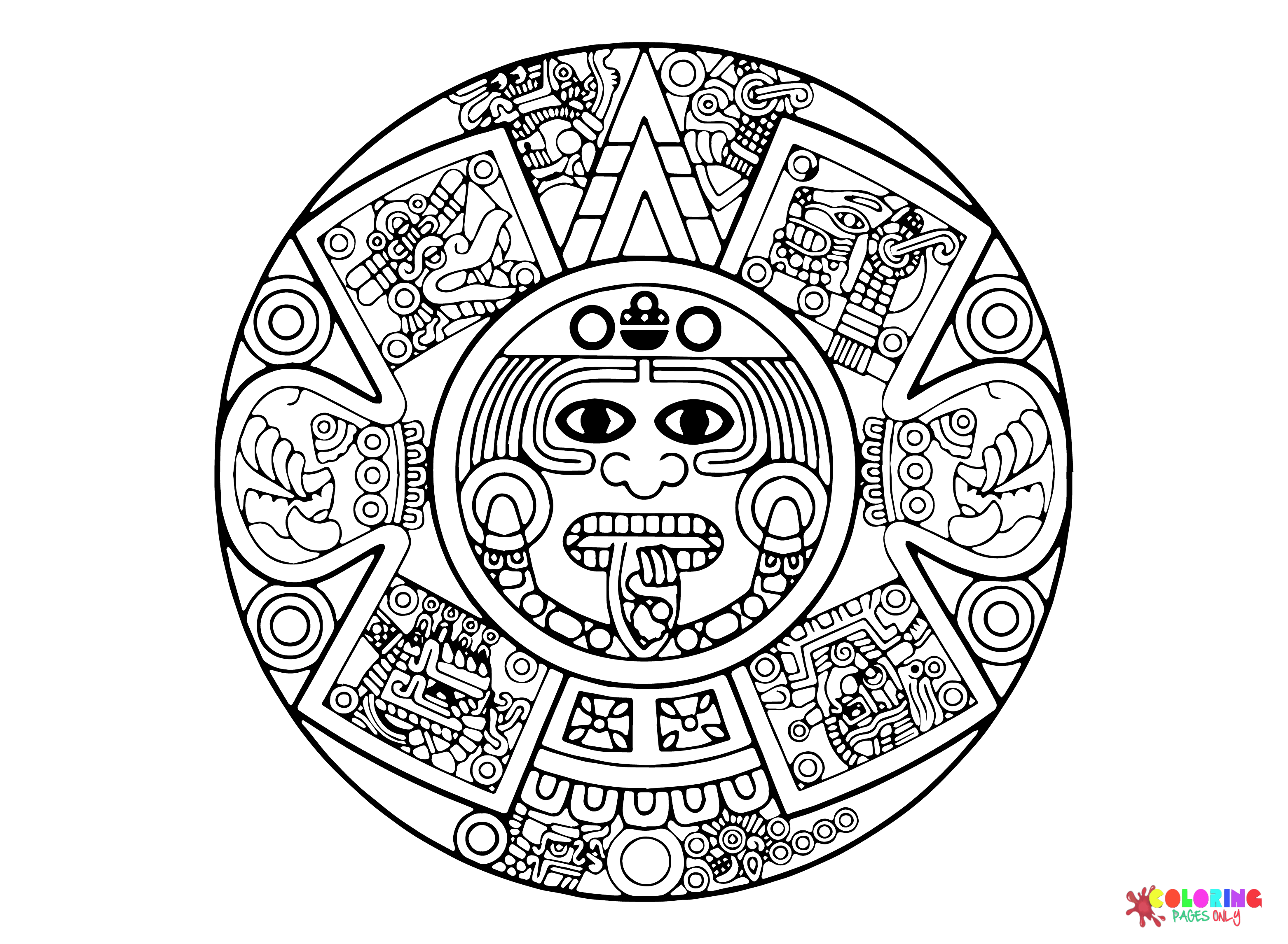 Azteekse kalendersteen Maya-beschaving kleurplaat