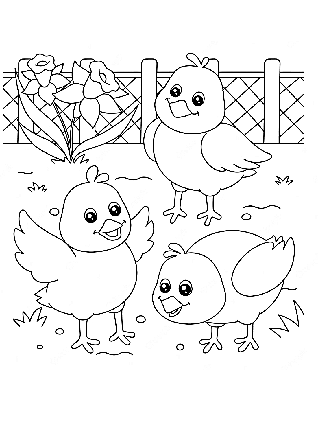 Chicks in the garden Coloring Pages