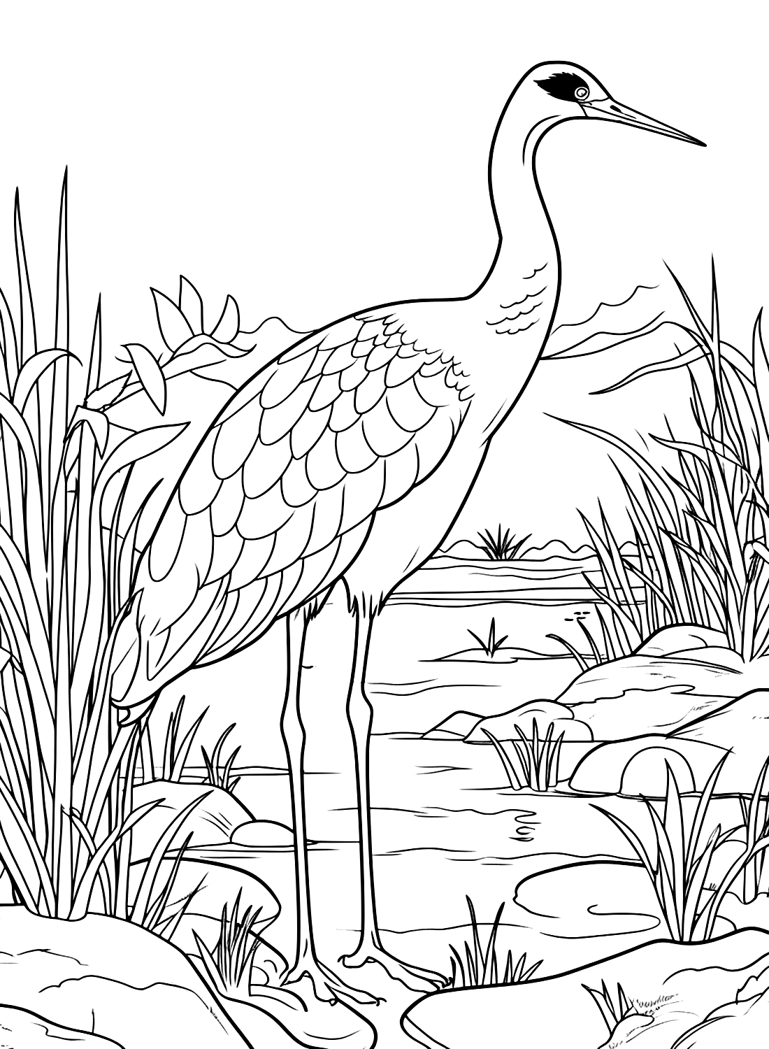 Crane Bird Standing Coloring Page - Free Printable Coloring Pages