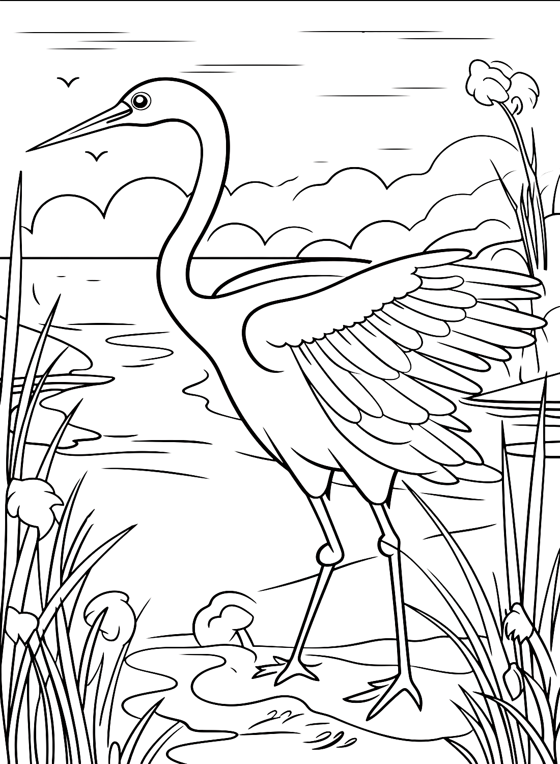 Crane Bird go Hunting Coloring Page - Free Printable Coloring Pages