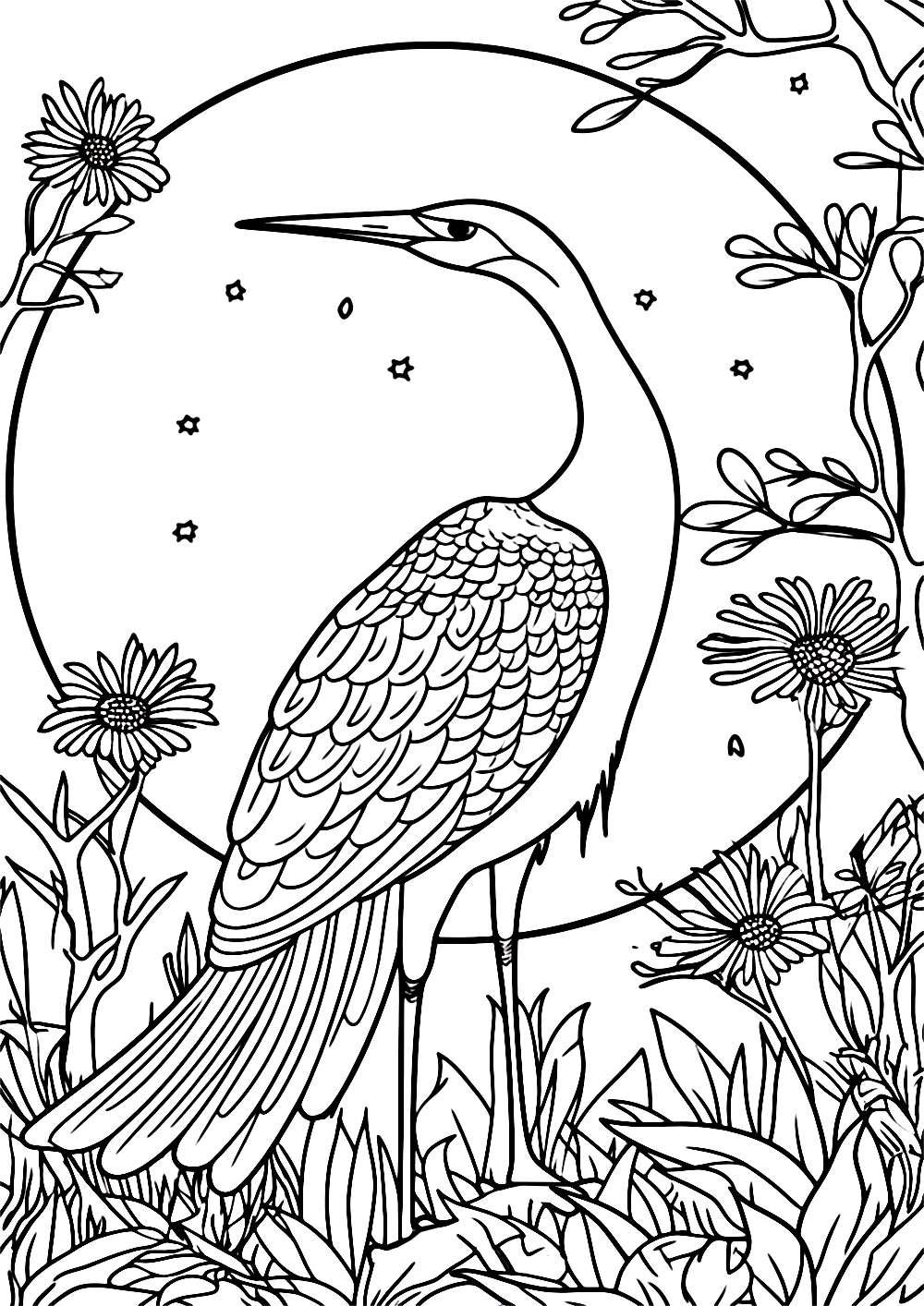 Crane in a Pond Coloring Page - Free Printable Coloring Pages